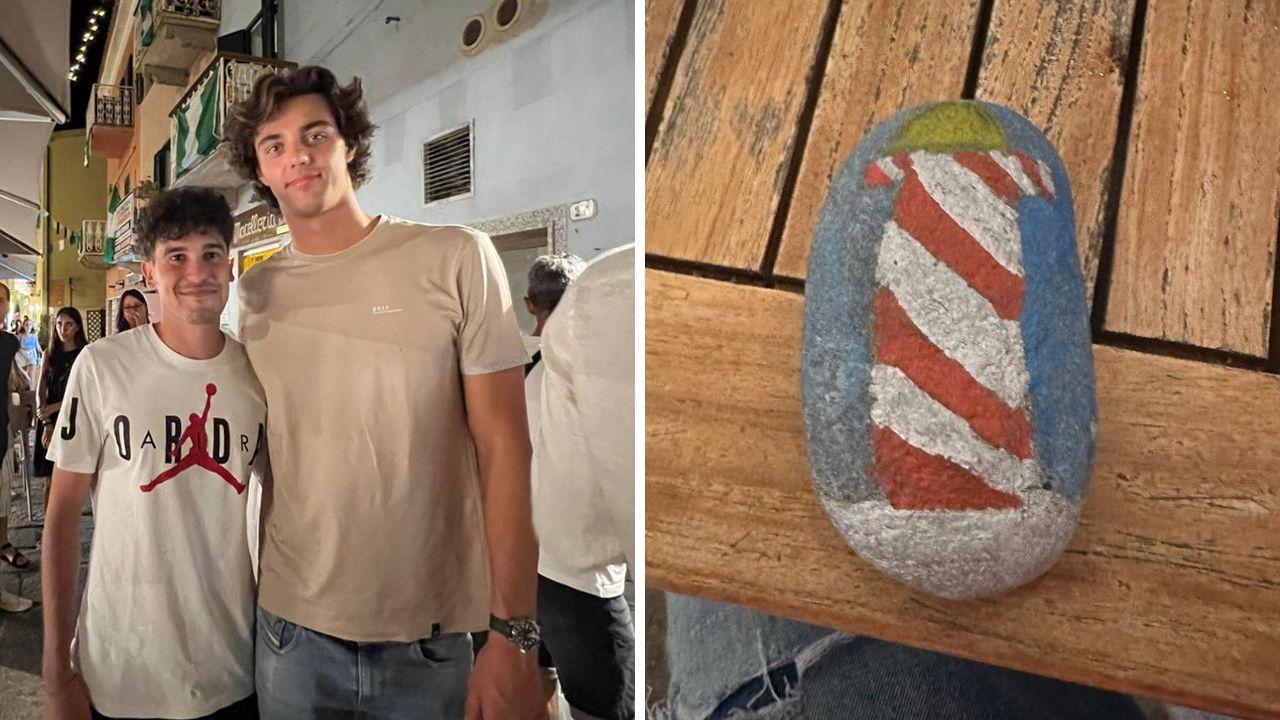 Thomas Ceccon insieme a Marco Mandolini (atleta di nuoto pinnato) all'isola del Giglio e la foto del sasso col faro condivisa da Ceccon su Instagram