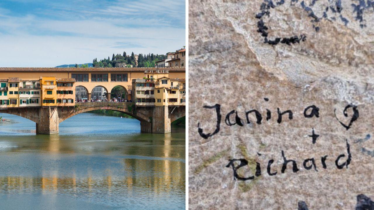 Ponte Vecchio e i due nomi scritti col pennarello dai turisti