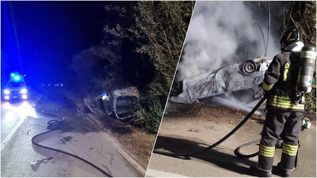 È un giallo l’auto cappottata a incendiata sulla strada per Alghero: ecco cosa sappiamo