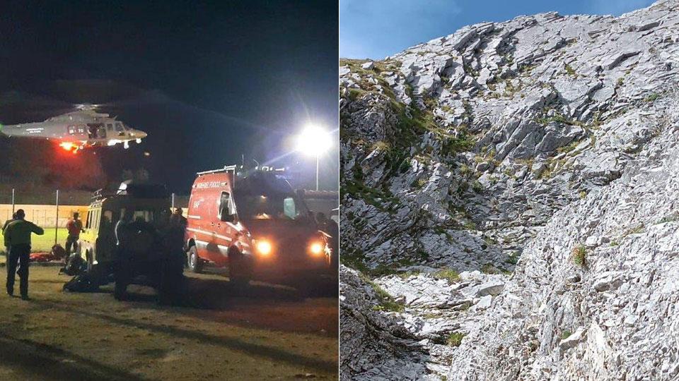 
	I vigili del fuoco e la cresta dalla quale &egrave; avvenuta la caduta

