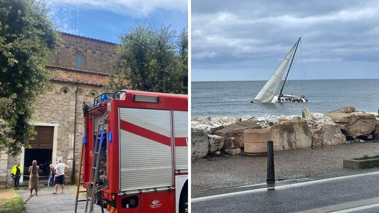 Maltempo a Pisa, fulmine danneggia la basilica di San Piero a Grado. A Marina affonda una barca