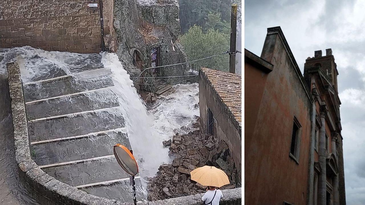 Maltempo in Maremma, strade come fiumi a Pitigliano. Manciano: turisti sfiorati dal crollo di un merlo del campanile
