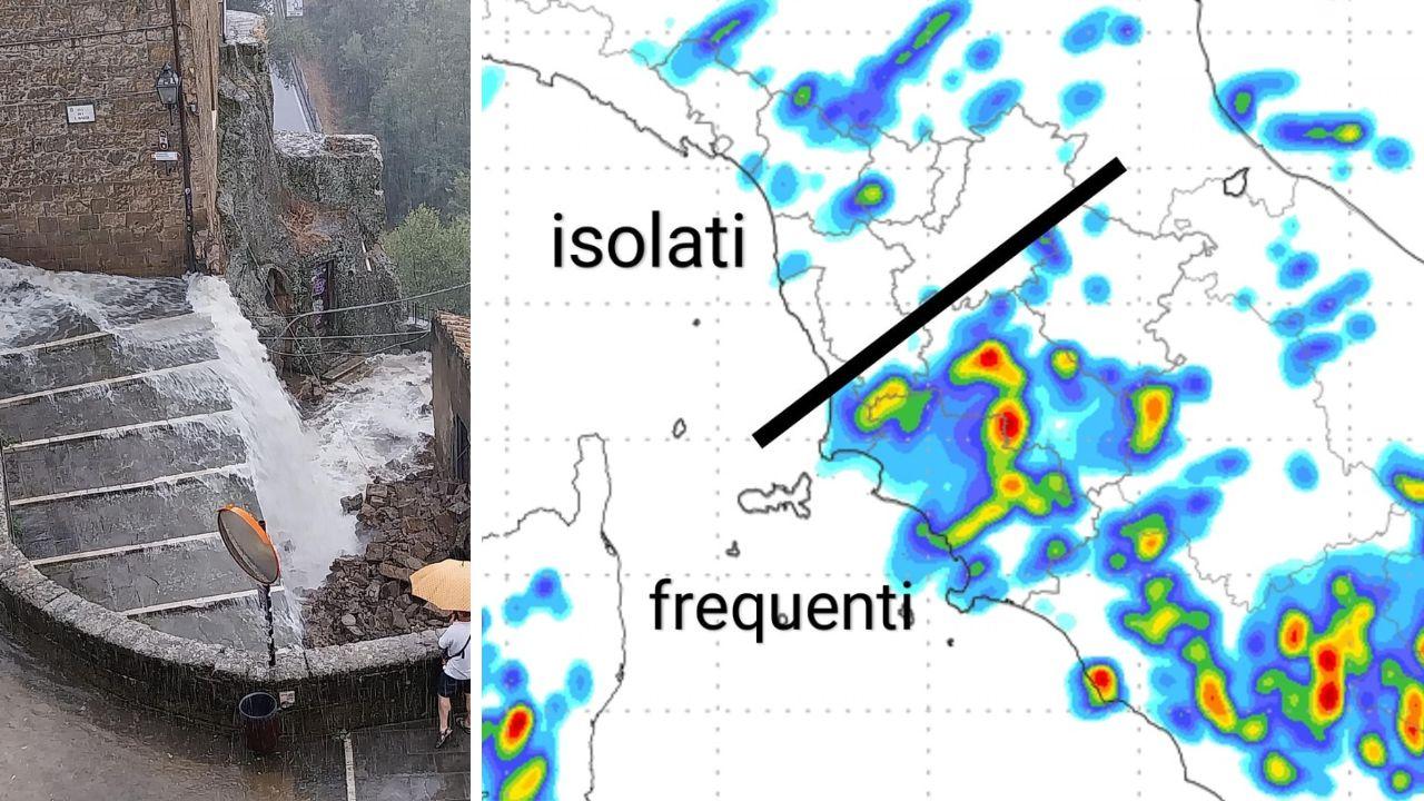 
	Il temporale a Pitigliano, a destra le previsioni del Centro Meteo Toscano

