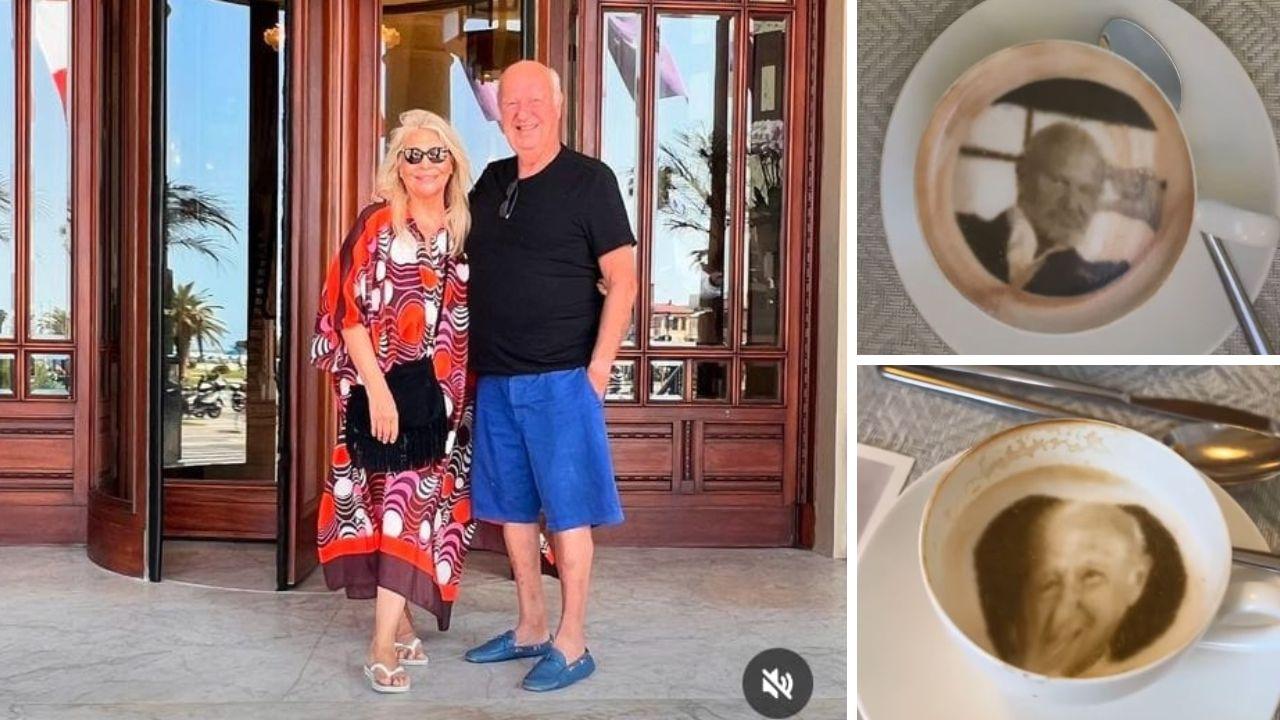 Mara Venier insieme al marito Nicola Carraro davanti all'hotel Principe di Piemonte: a dx il cappuccino per Carraro e quello per il comico Pucci