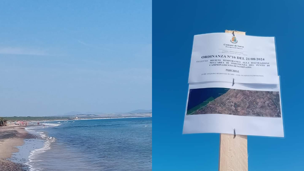 Un tratto del litorale interdetto e il cartello di divieto di balneazione