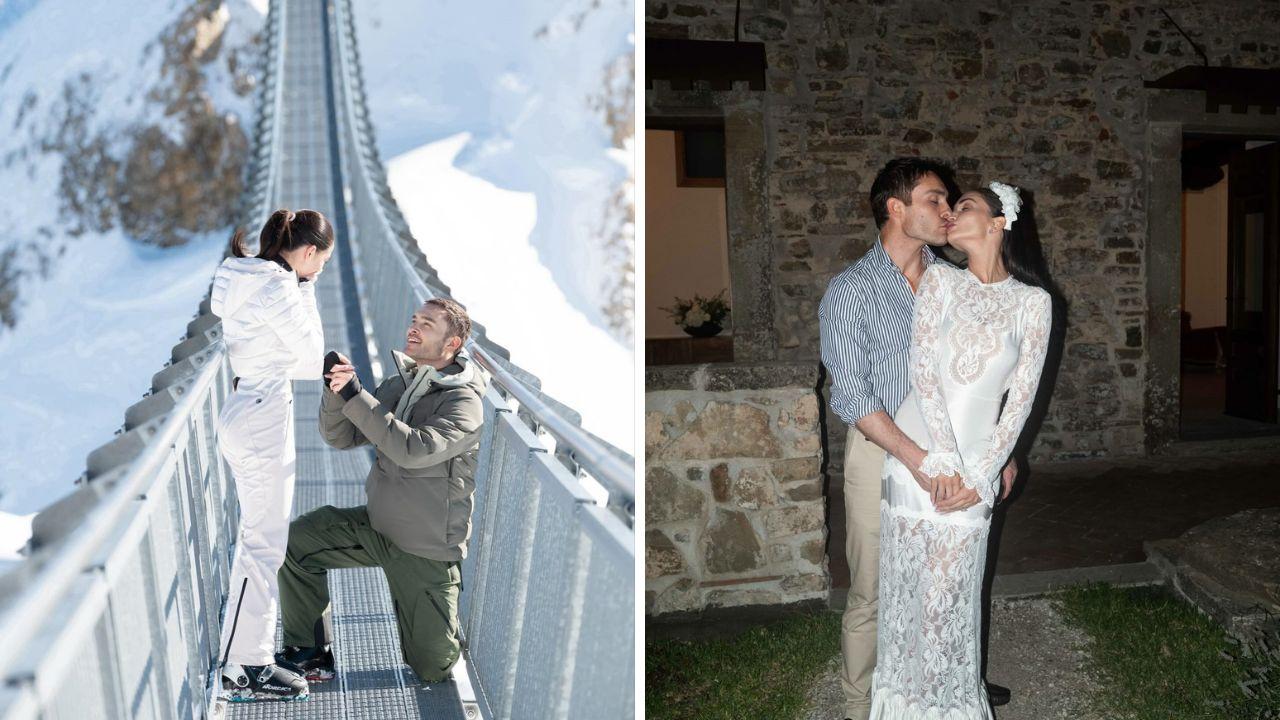 La proposta di matrimonio ad alta quota e la foto della festa di ieri sera postata dalla coppia (foto Instagram)