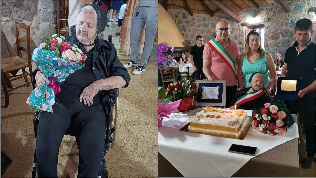 A destra la neo centenaria col sindaco di Escalaplano paese dove risiede, e due assessori di Desulo comune in cui è nata