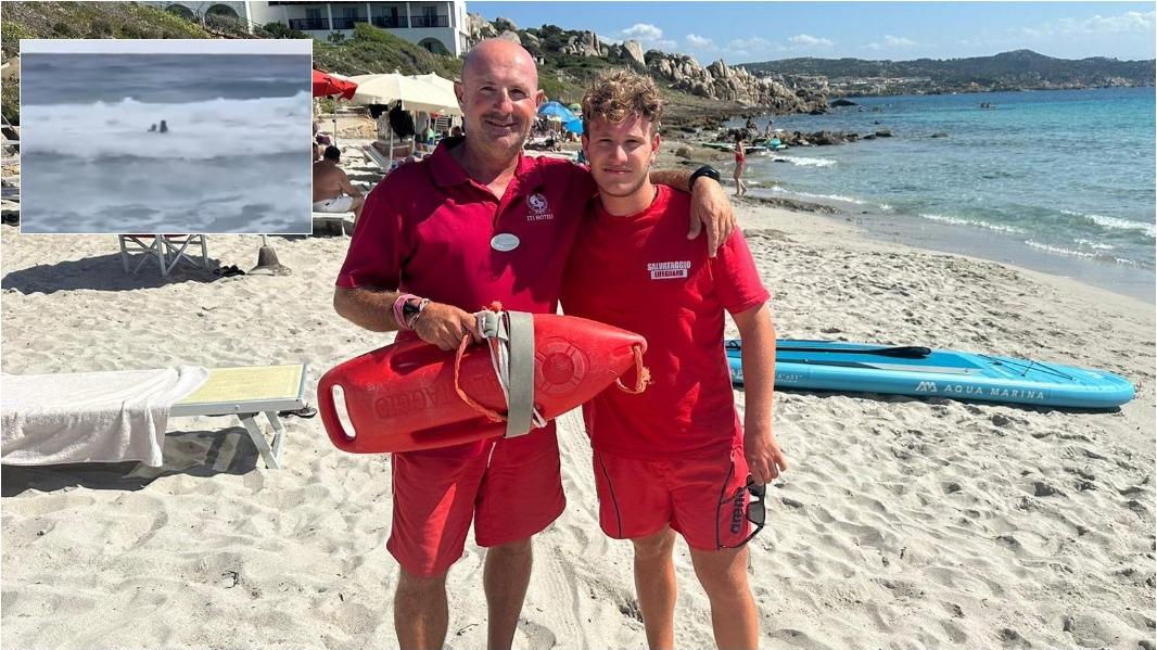 Vincenzo Lombardi con il capobagnino Francesco Parente. Nel riquadro il salvataggio della donna