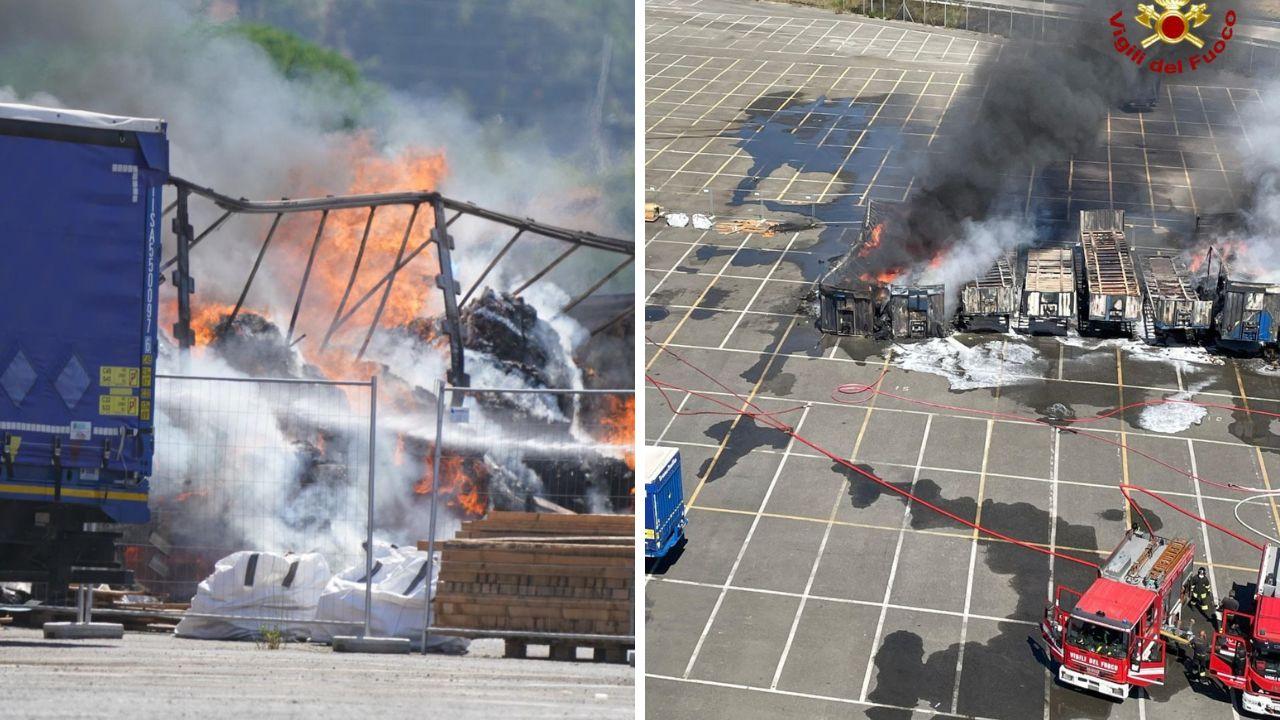 
	L'incendio all'interporto di Livorno (foto Silvi e vigili del fuoco)

