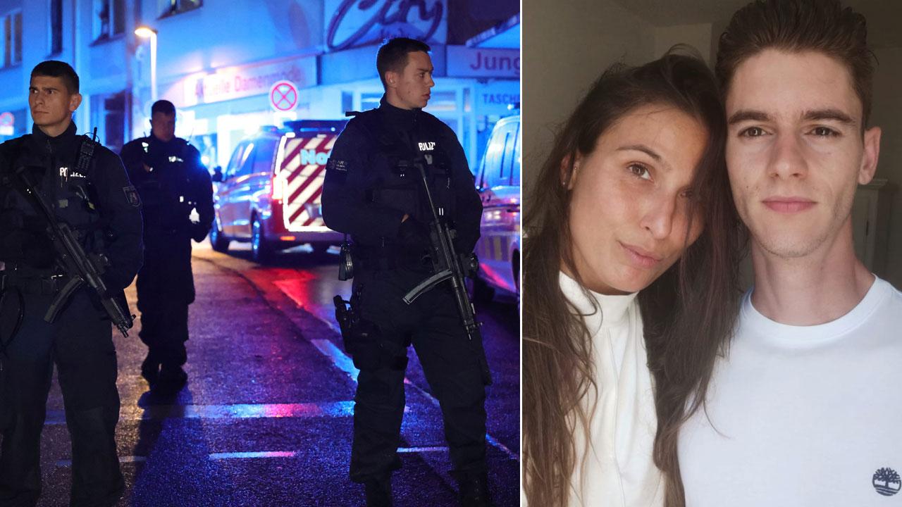 La polizia e le ambulanze sul luogo dell’attentato a Solingen, nella foto a destra i due fidanzati Alessandra e Alberto