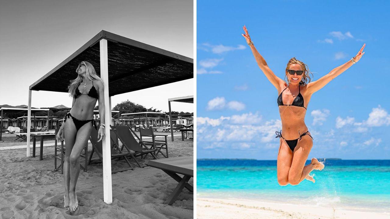 Federica Panicucci: a sinistra a Forte dei Marmi, a destra alla Maldive