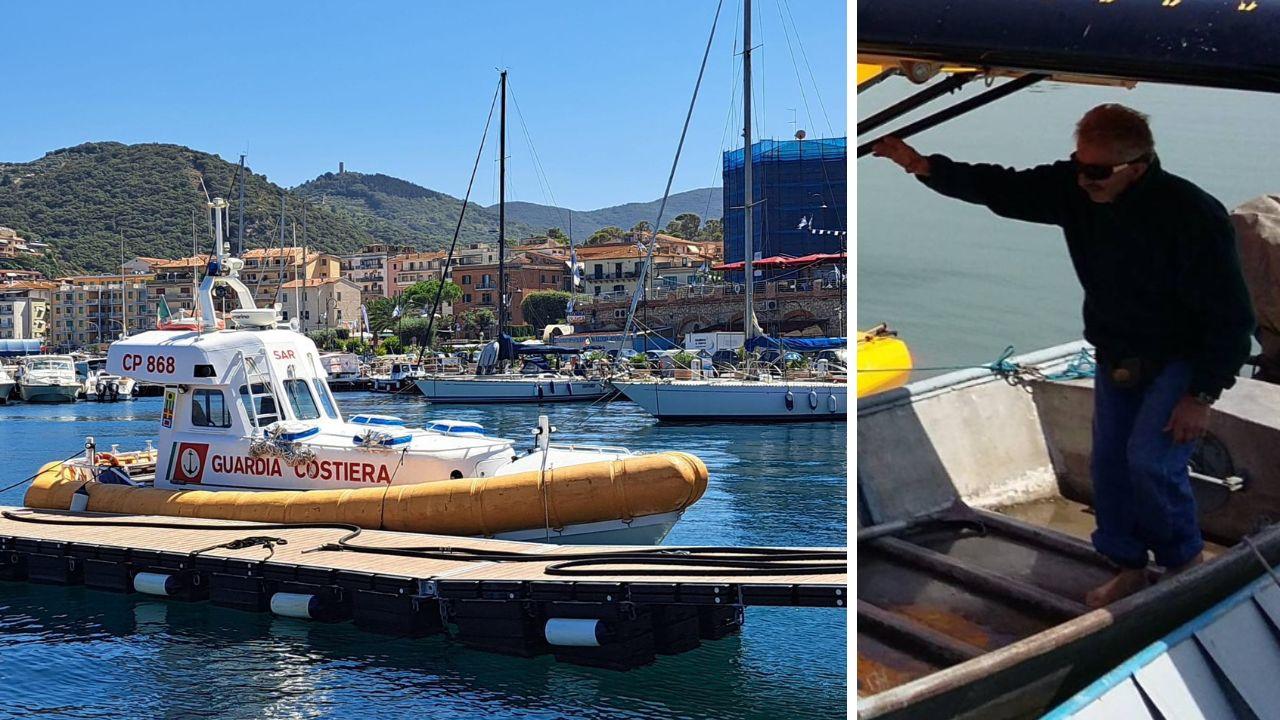 
	L&rsquo;imbarcazione della Guardia costiera che ha portato la salma a Porto Santo Stefano e la vittima, Nazario Azzi

