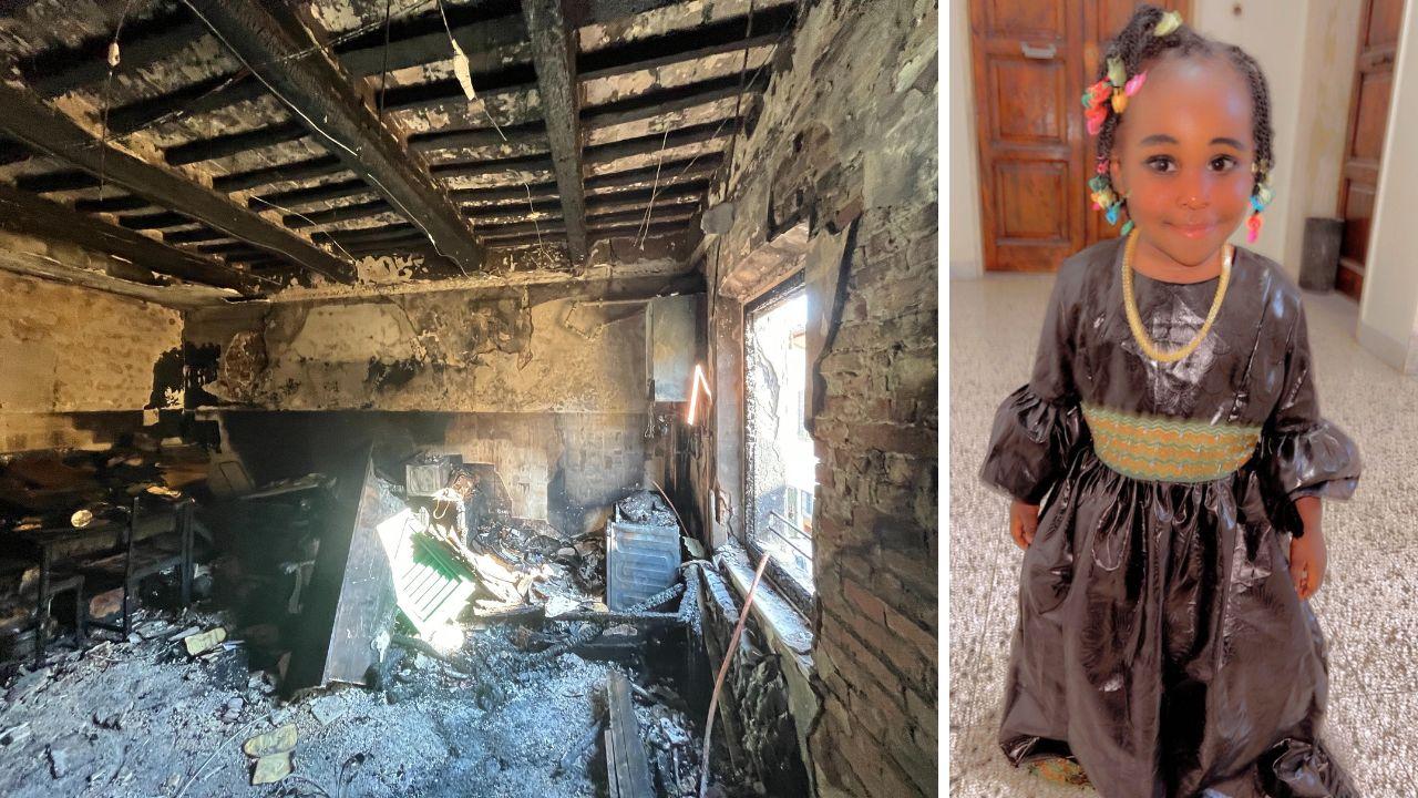 L'appartamento distrutto dalle fiamme (foto Silvi) e la piccola Diarra, morta a 3 anni