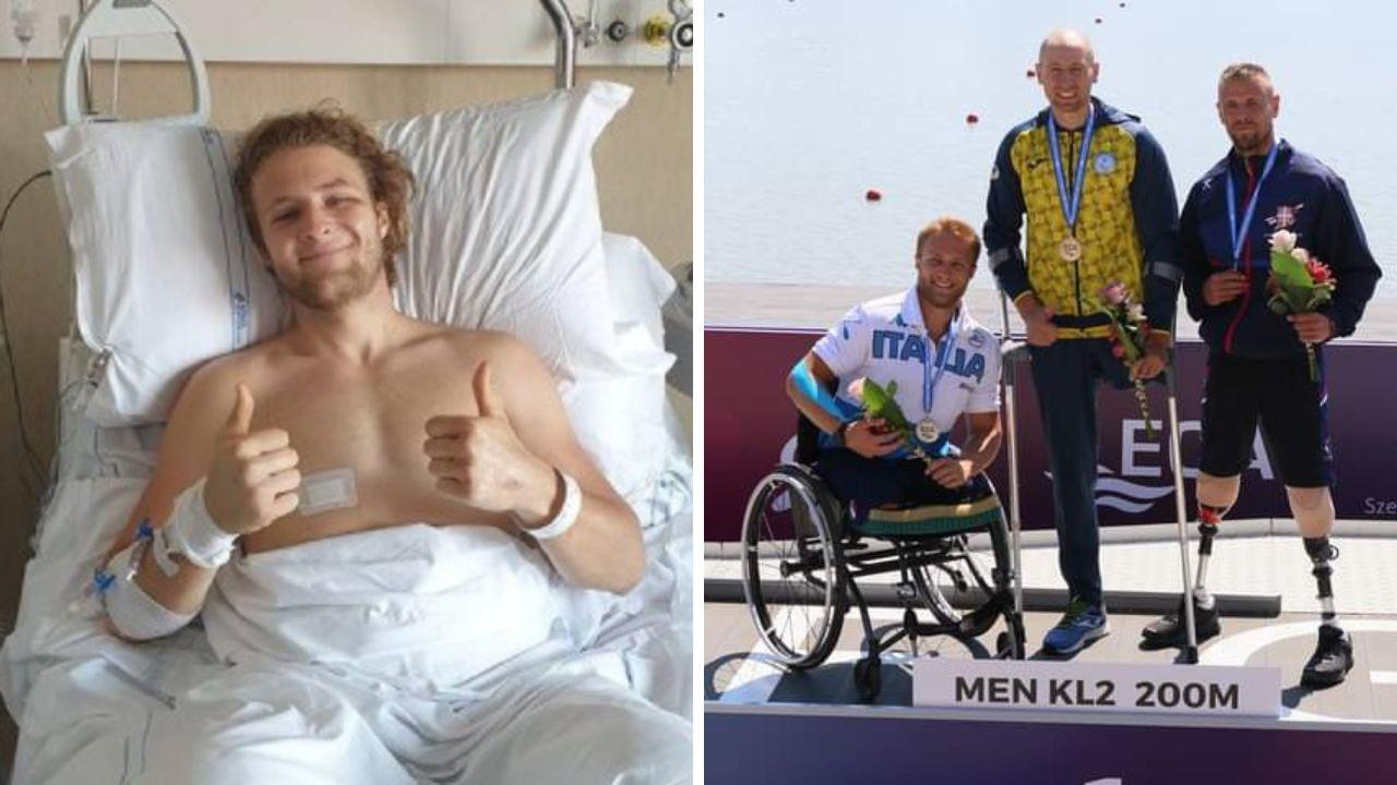 Christian Volpi mentre era ricoverato nel centro sanitario di viale Vittorio Alfieri e sul podio al campionato europeo di paracanoa KL2 200