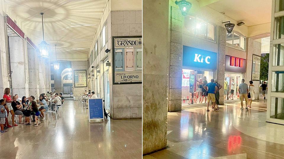 A destra i tavoli della pasticceria Gonnella A sinistra i locali del fast food Kfc al pian terreno del Palazzo Grande