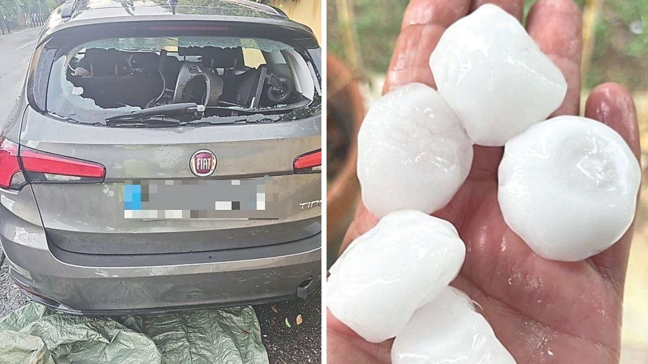 Un'auto danneggiata e i maxi chicchi a Castiglioncello (Foto dalle pagine Facebook Gruppo Meteo e Sei di Castiglioncello Se)