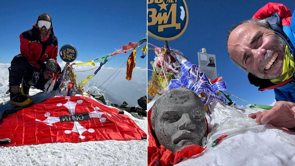 Francesco Saviozzi in vetta con la bandiera di Pisa dedicata ad Andrea “Nino” Verdigi Sotto, Marcello Villani con il volto di Lenin