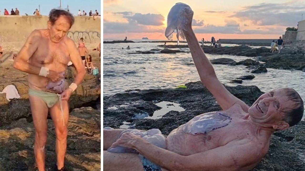 Alberto Mazzoni sugli scogli a Livorno con le sue meduse