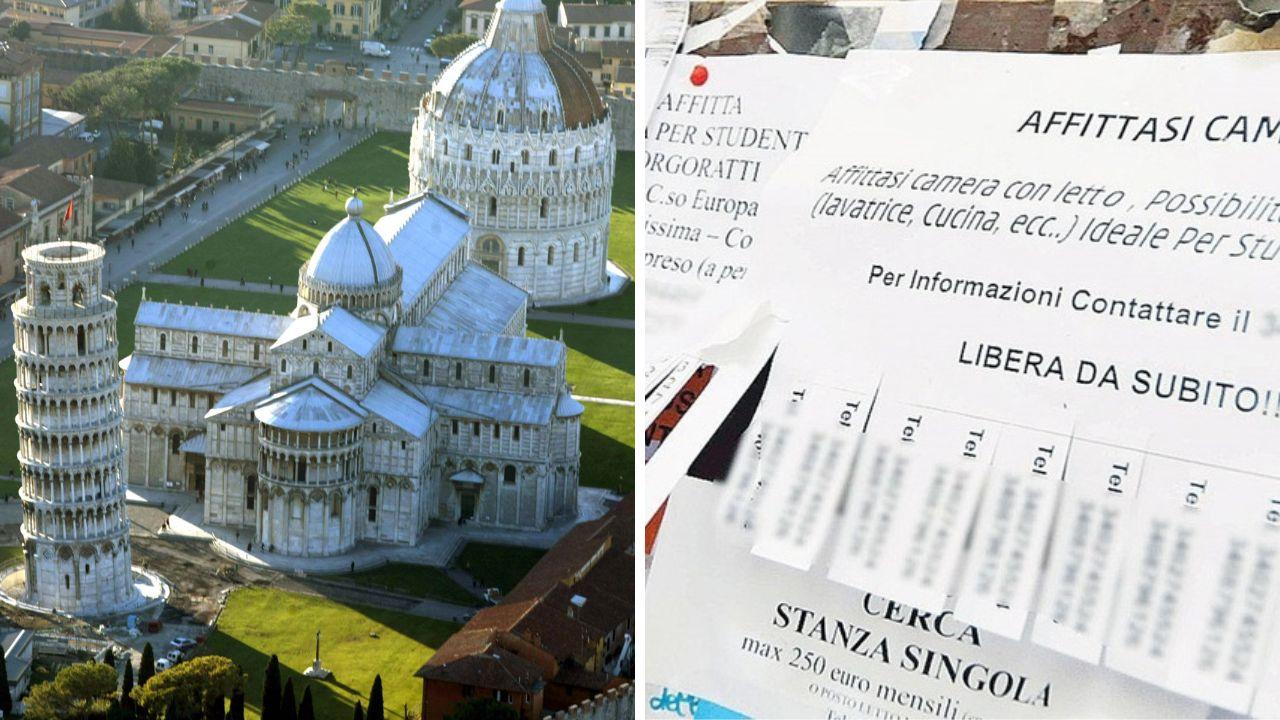 Una veduta dall'alto di Pisa e una bacheca di annunci (foto di repertorio)