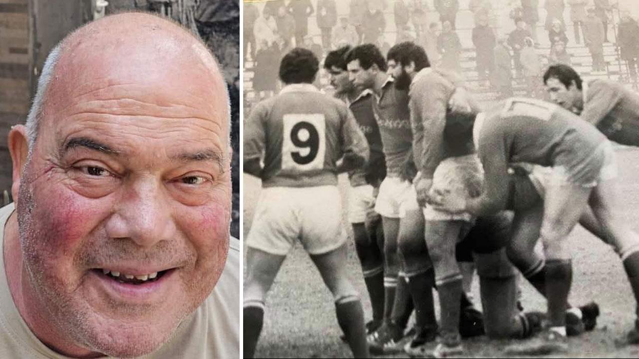 Una foto recente di Paolo Barsotti (Di Amatori Rugby Cecina) e in campo in una foto d’epoca: è il giocatore con i baffi a sinistra