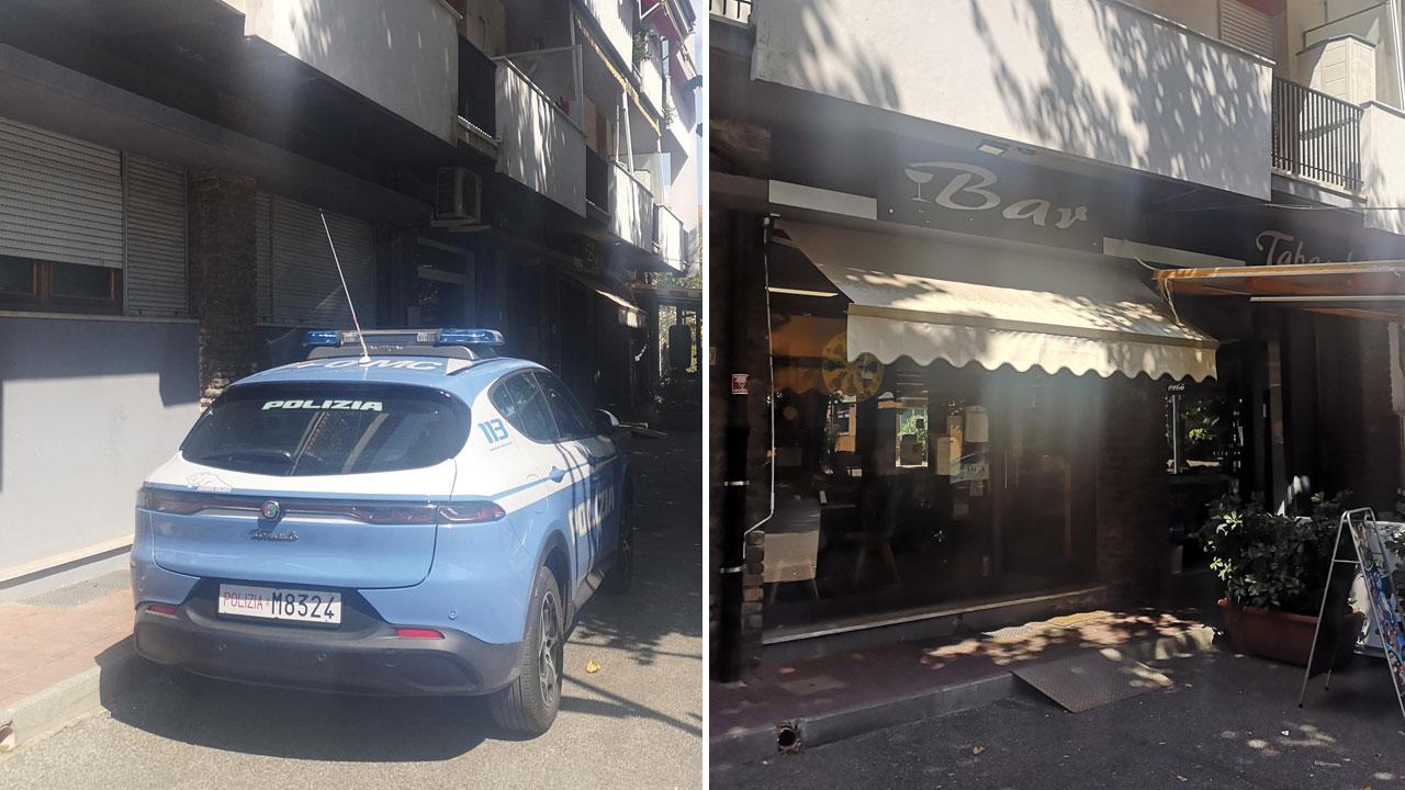 
	La pattuglia della polizia e, a destra, l&rsquo;interno e l&rsquo;esterno del bar

