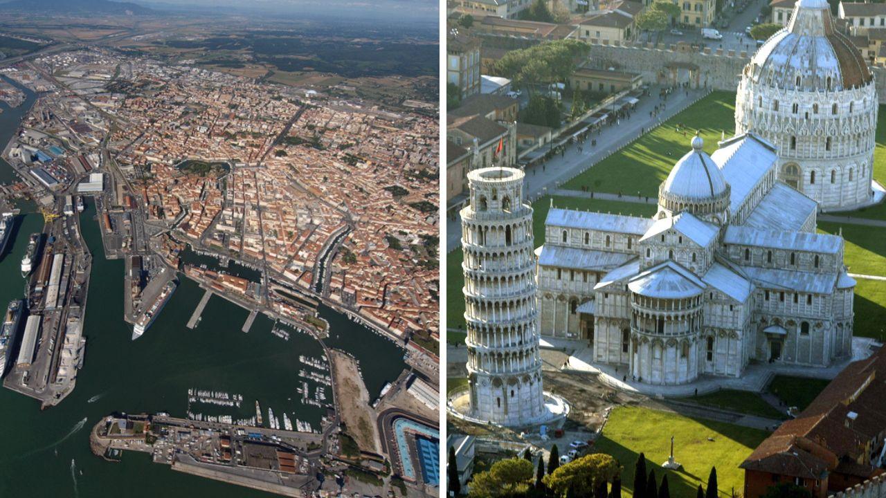 Due vedute dall'alto di Livorno e Pisa