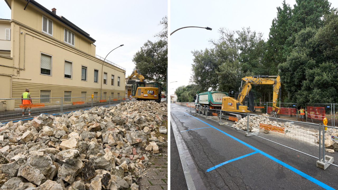 Nelle foto mezzi e operai al lavoro per l’abbattimento della prima porzione del muro perimetrale del parco Mariambini (Foto Juri Autovino)