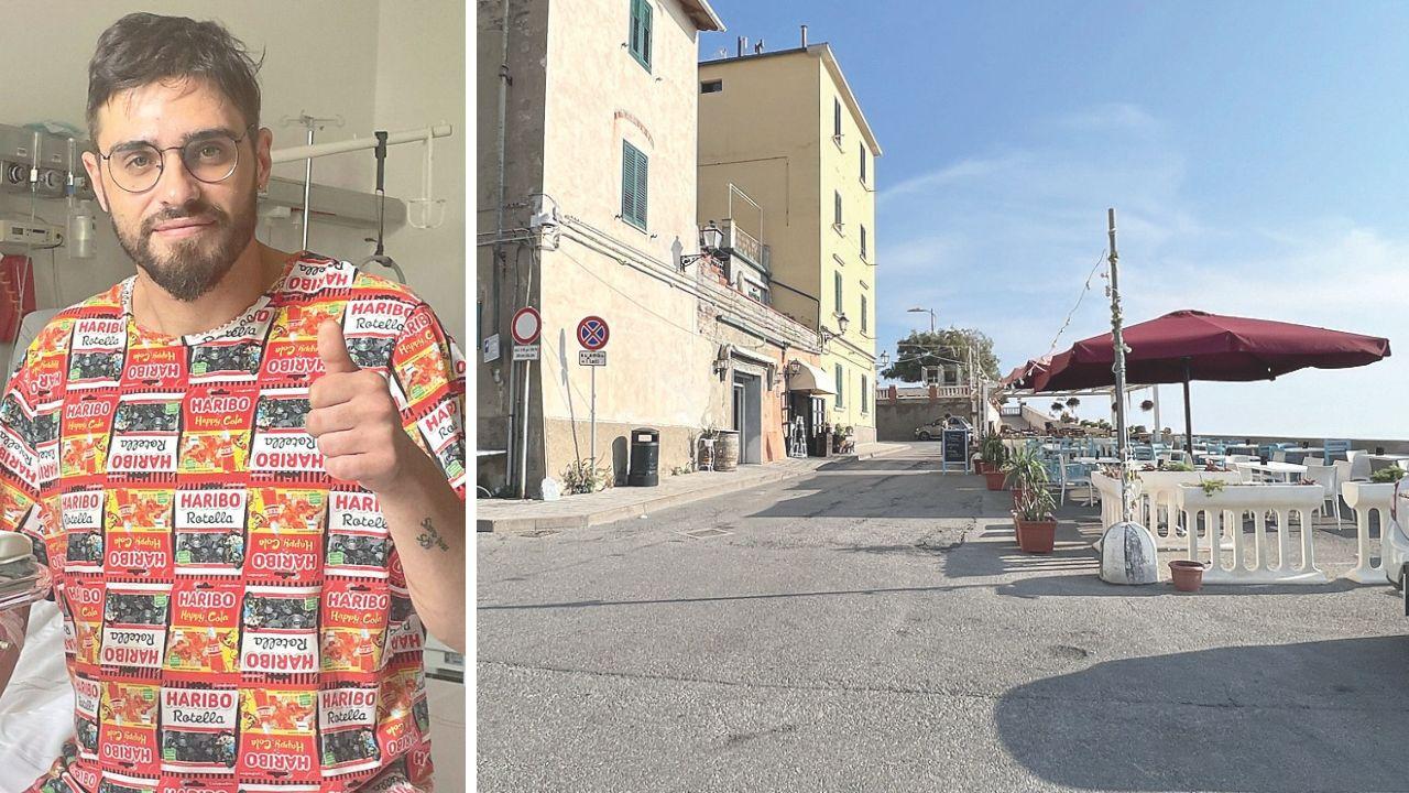 Nelle foto qui sopra Jacopo Mondini ancora nella sua camera ieri mattina all’ospedale di Villamarina e, a destra, la Piazzetta del Mare di Piombino dove si sono verificati i fatti