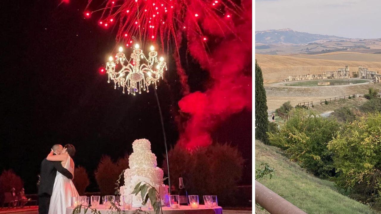 Due foto di uno dei matrimoni festeggiato a Lajatico nei giorni scorsi