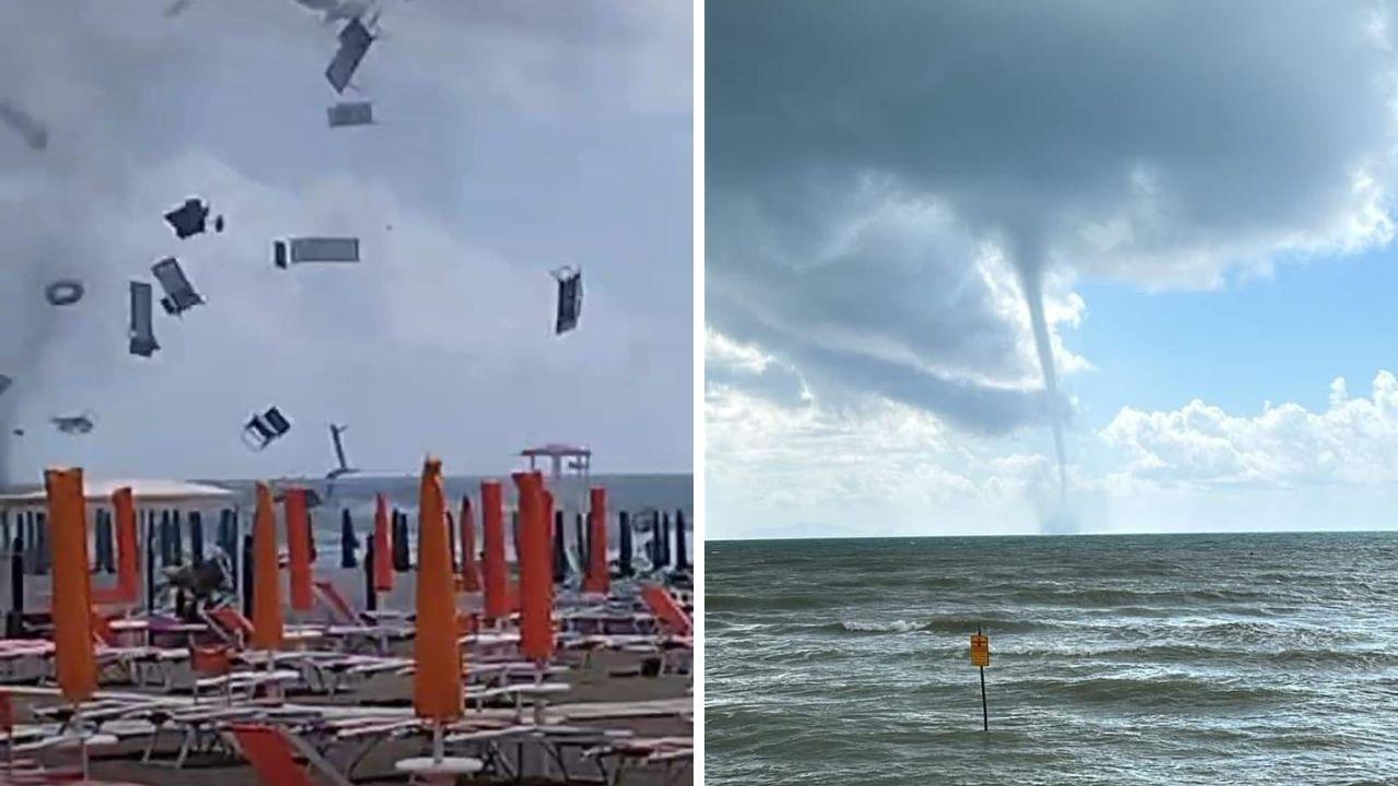 I lettini spazzati via dal vento a Marina di Grosseto e la tormba marina