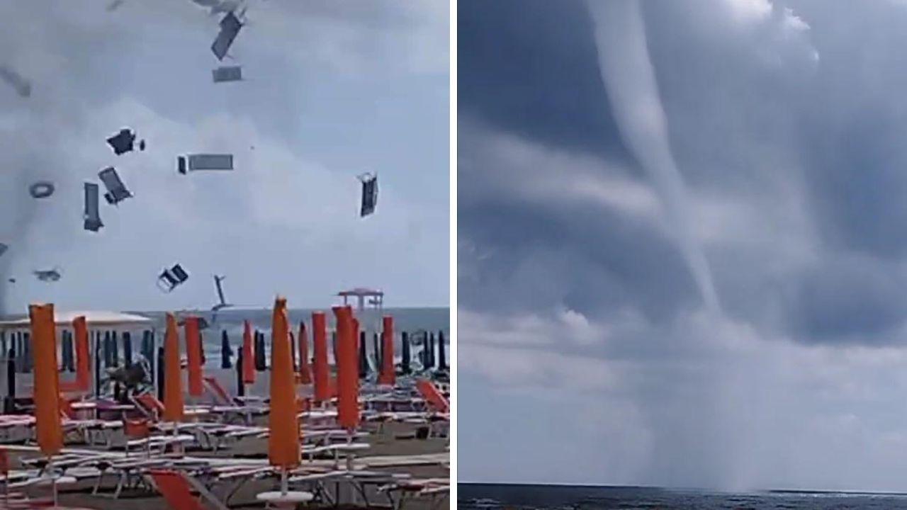 
	Ombrelloni e sdraio spazzati via e la tromba d'aria


