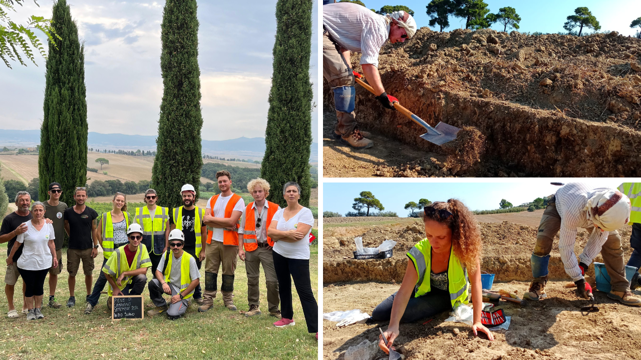 Archeologi durante i lavori di scavo e in uno scatto di gruppo all’inizio del progetto avviato il 2 settembre