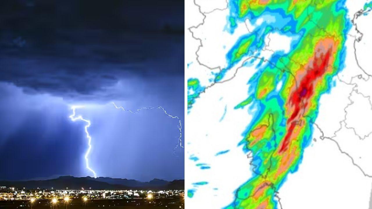 A destra le precipitzioni previste in Toscana nella serata di domenica