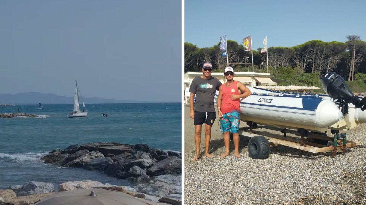 
	I soccorsi in mare e Elia Rossetti e Elia Marsili intervenuti con il gommone dello Spot One

