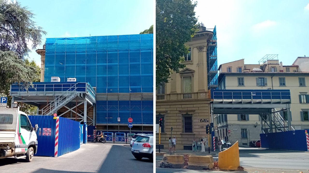 Nella foto a sinistra il cantiere che si affaccia su piazza Isidoro Del Lungo, a destra Palazzo Ruspoli su viale Matteotti