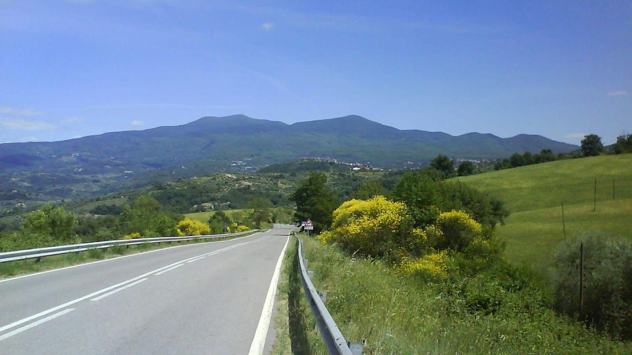 Un tratto della strada regionale del Cipressino, sullo sfondo il Monte Amiata