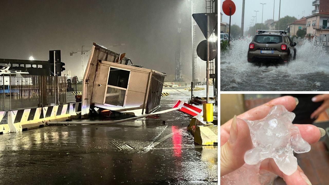 
	Nella foto grande i danni al porto di Piombino; a destra la grandine a Camaiore e i disagi a Livorno

