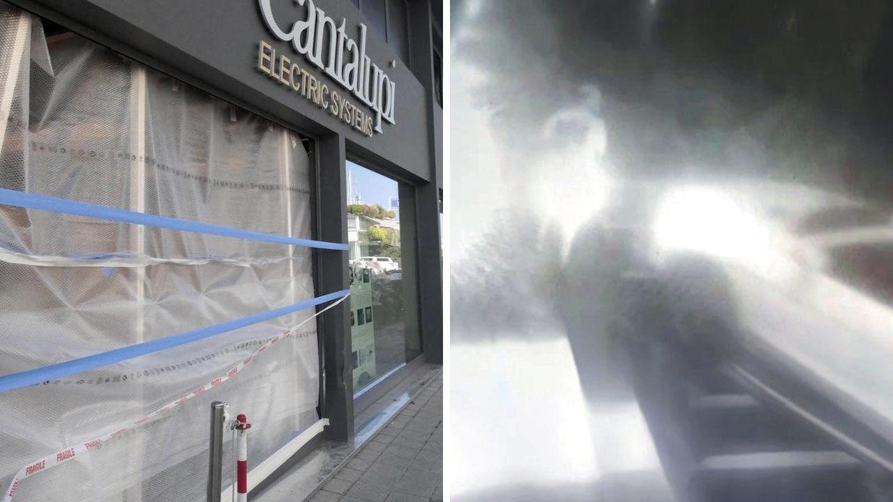 Un'immagine dal video dell'episodio diffuso da 50 Canale (a destra) e dove l'auto ha travolto l'uomo (foto Paglianti)