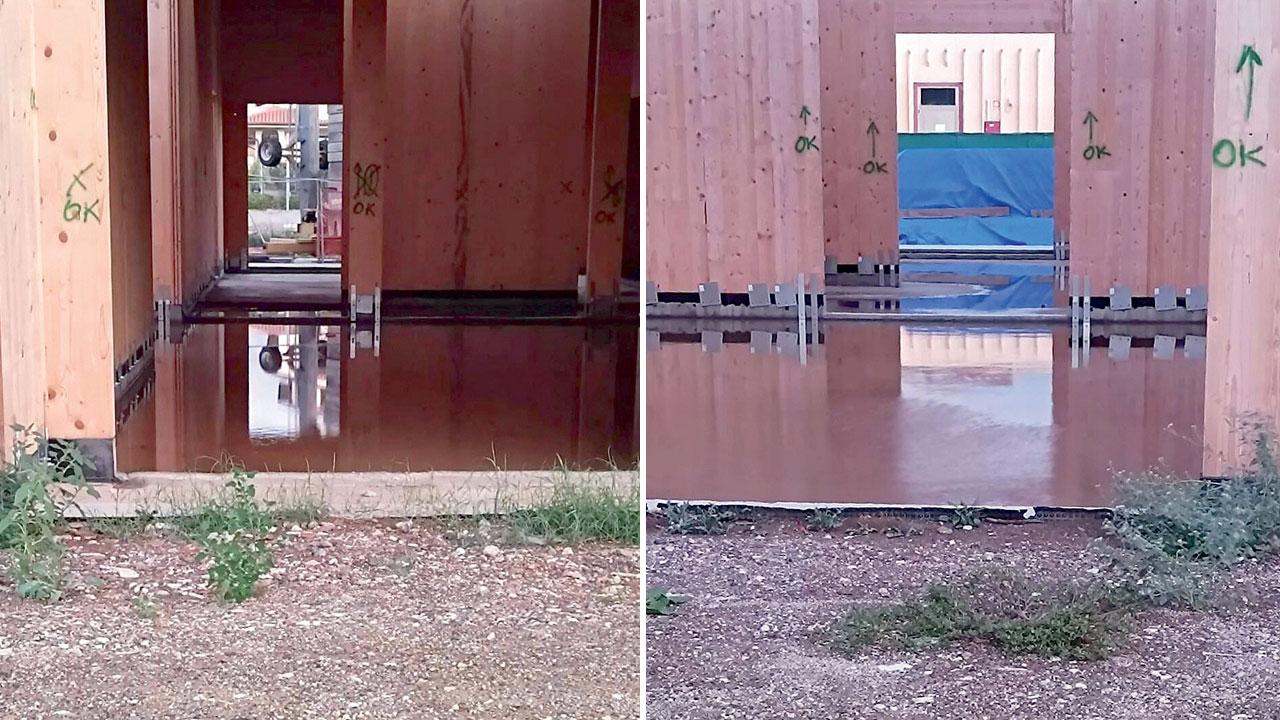 La struttura di legno che ospiterà l’asilo e che dopo le piogge è risultata allagata (Foto Sei di Palazzi Se)