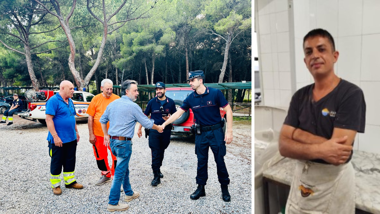 Il sindaco di Capoliveri Walter Montagna al centro di coordinamento delle ricerche all’hotel Il Giardino di Lacona (foto Gio’ Di Stefano)e, a destra, Francesco Marchesani