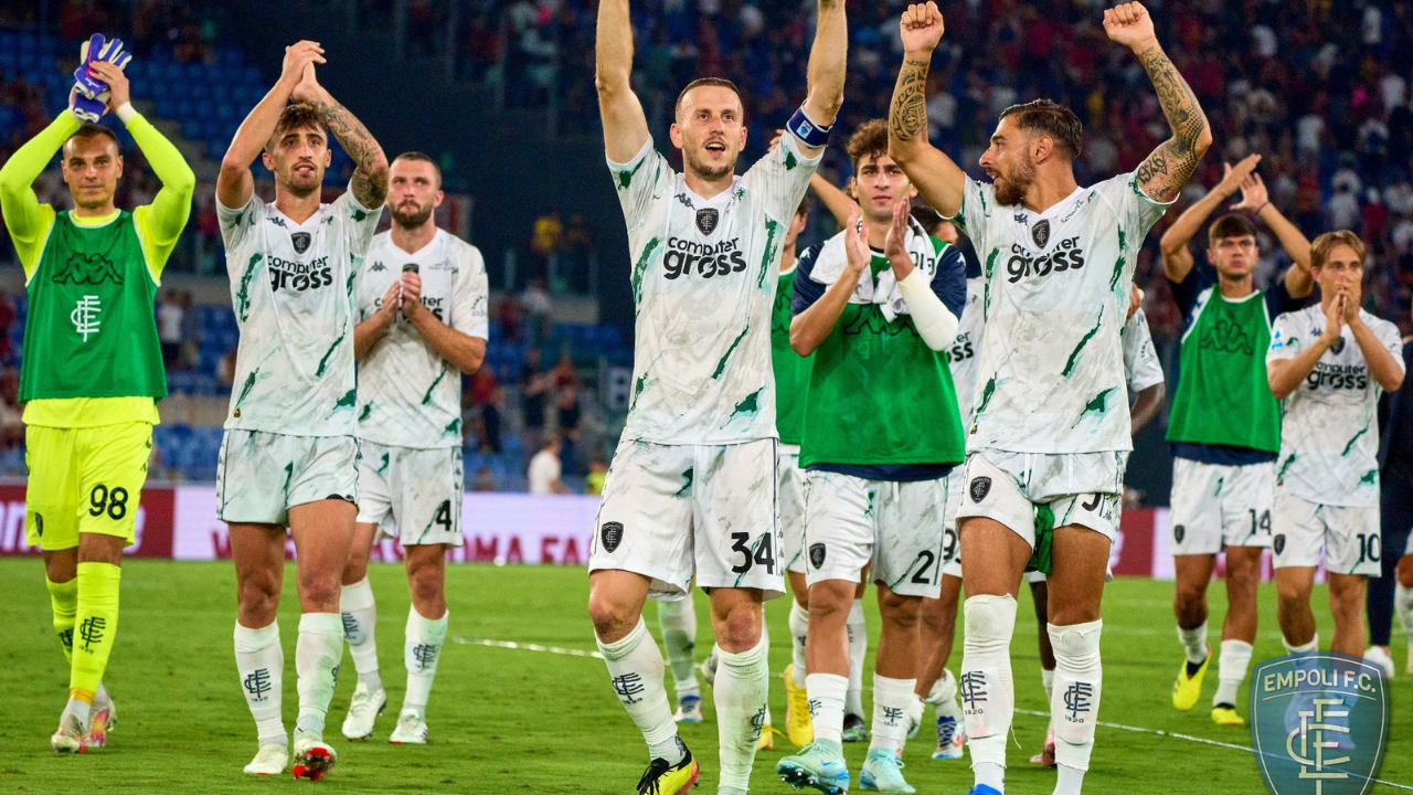 La gioia degli azzurri all’Olimpico (foto Empoli Fc)