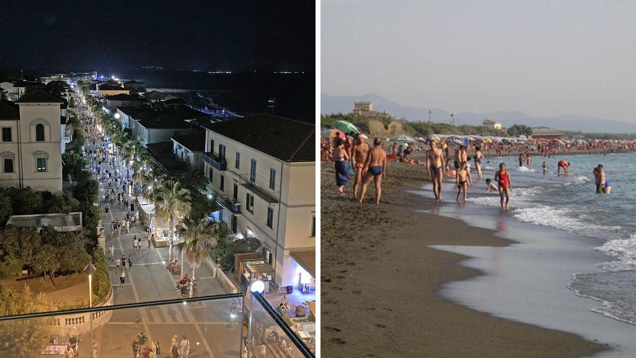 La spiaggia a Marina di Bibbona e una veduta del viale della Vittoria a Marina di Cecina