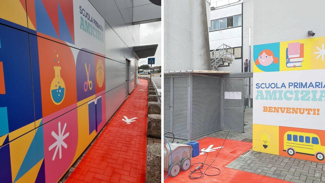 Il percorso per i bambini dall’ingresso ovest dell’Ipercoop. L’ingresso alla scuola dal parcheggio sul retro del centro commerciale, lato Obi