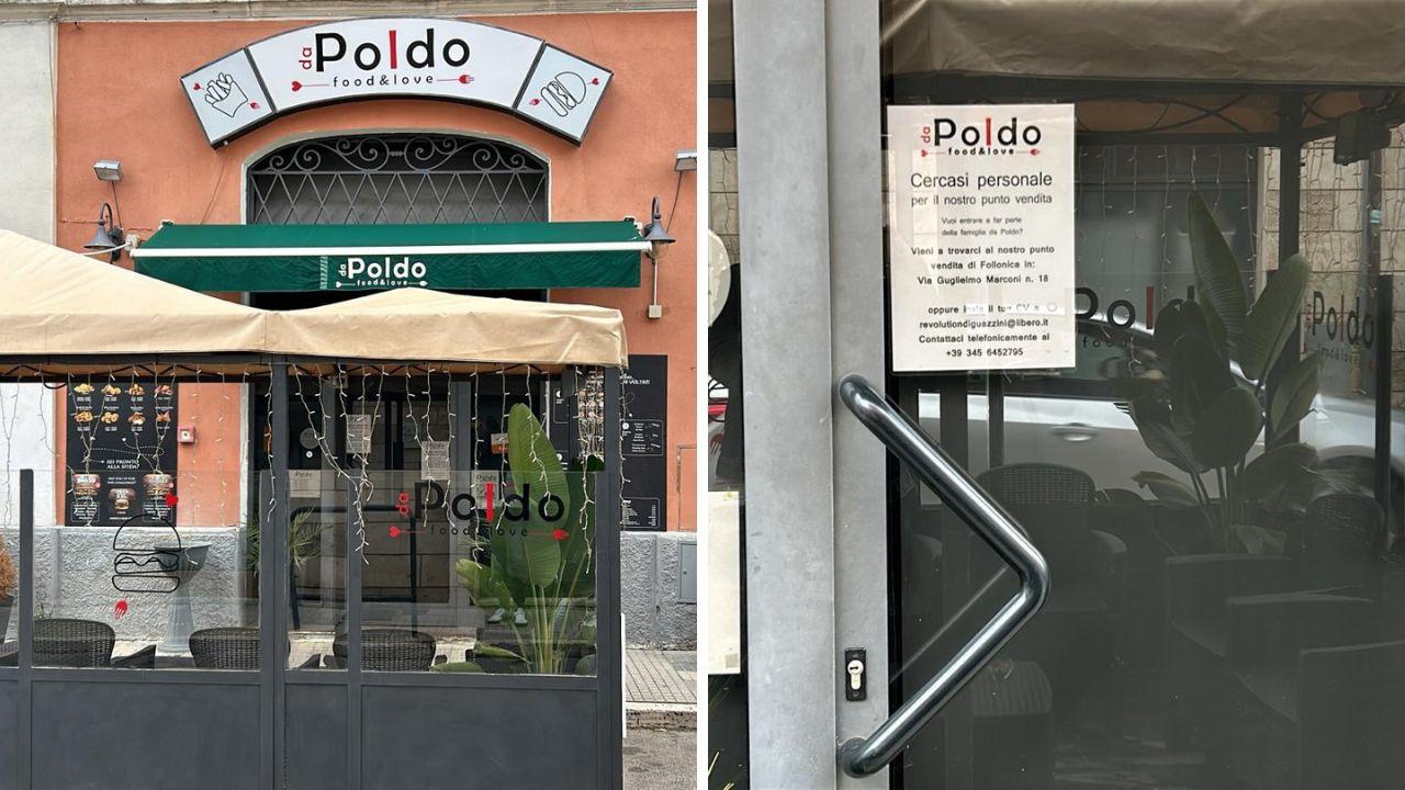 La paninoteca Da Poldo in via Marconi e a fianco il cartello con la ricerca del personale (foto Giorgio)