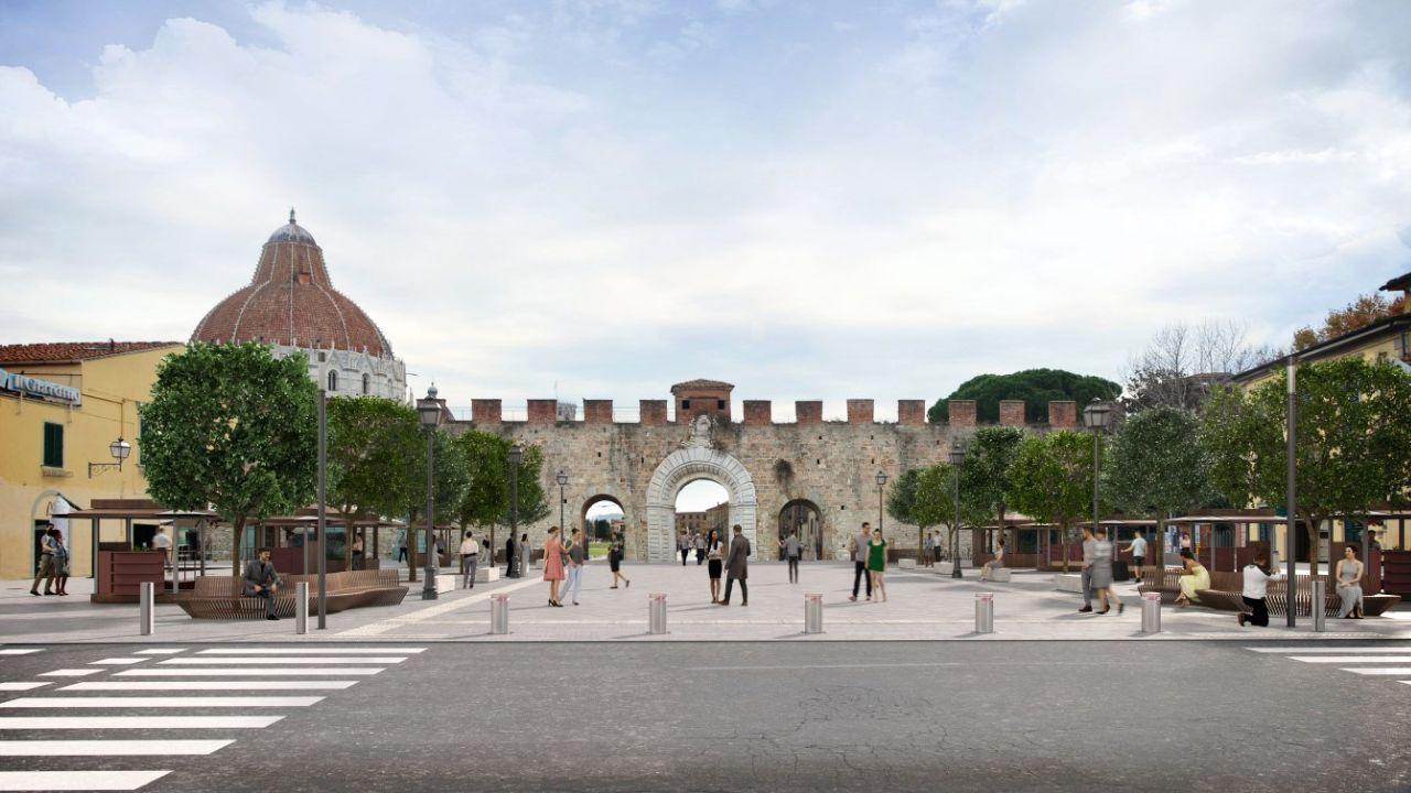 In alto una simulazione grafica di come sarà la ridisegnata piazza Manin una volta rimossa la maggior parte delle bancarelle che saranno ridistribuite lungo il percorso turistico tra il Duomo e via Pietrasantina