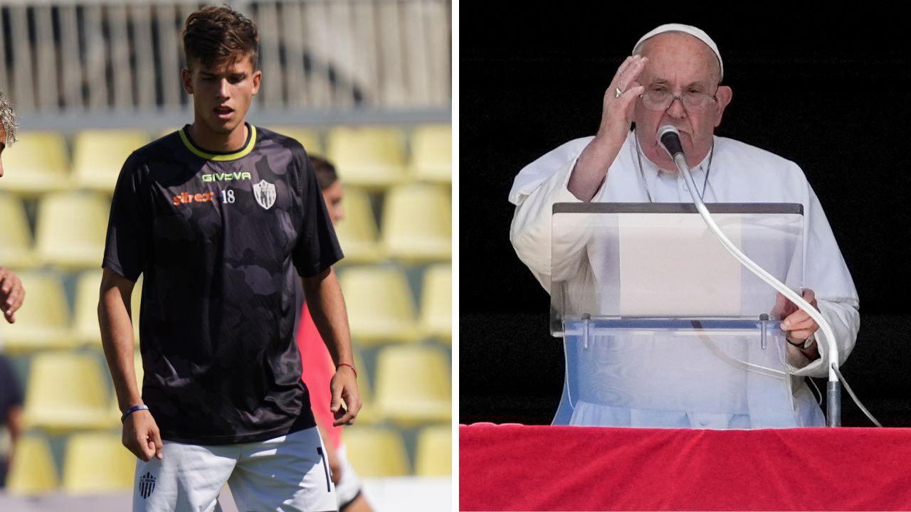 Il Papa e il giovane calciatore durante il riscaldamento all'Ardenza (foto Franco Silvi)