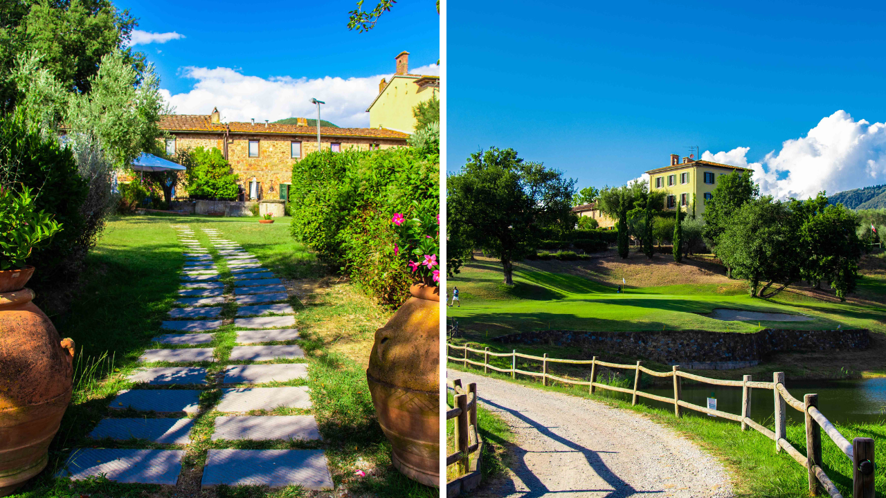 Nelle foto in alto la club house del Golf Club Montecatini “La Pievaccia” nelle colline tra Montevettolini e Pozzarello e uno scorcio del campo da golf