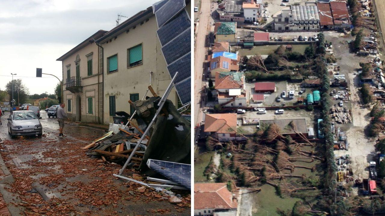 Un “tappeto” di detriti nel cuore di Lazzeretto e una veduta di Stabbia devastata dal downburst