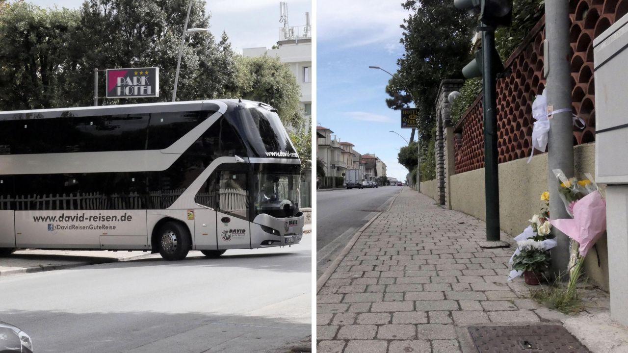 Il pullman con a bordo gli studenti tedeschi che lascia Lido di Camaiore e i fiori per le due giovani vittime (foto Paglianti)