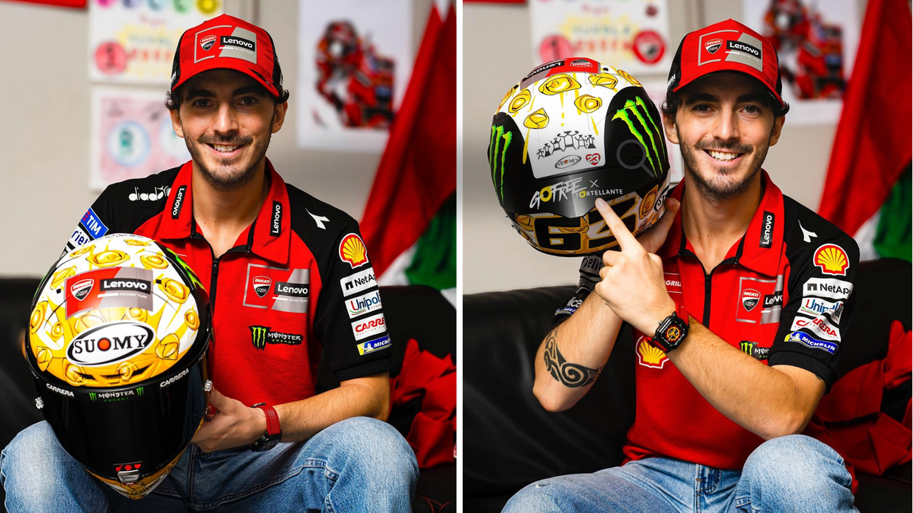 Pecco Bagnaia a Misano con i tortellini sul casco, un omaggio ai ragazzi del Tortellante di Modena